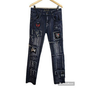 Rebel Vengeance Distressed Patched Skull Goth Jeans
